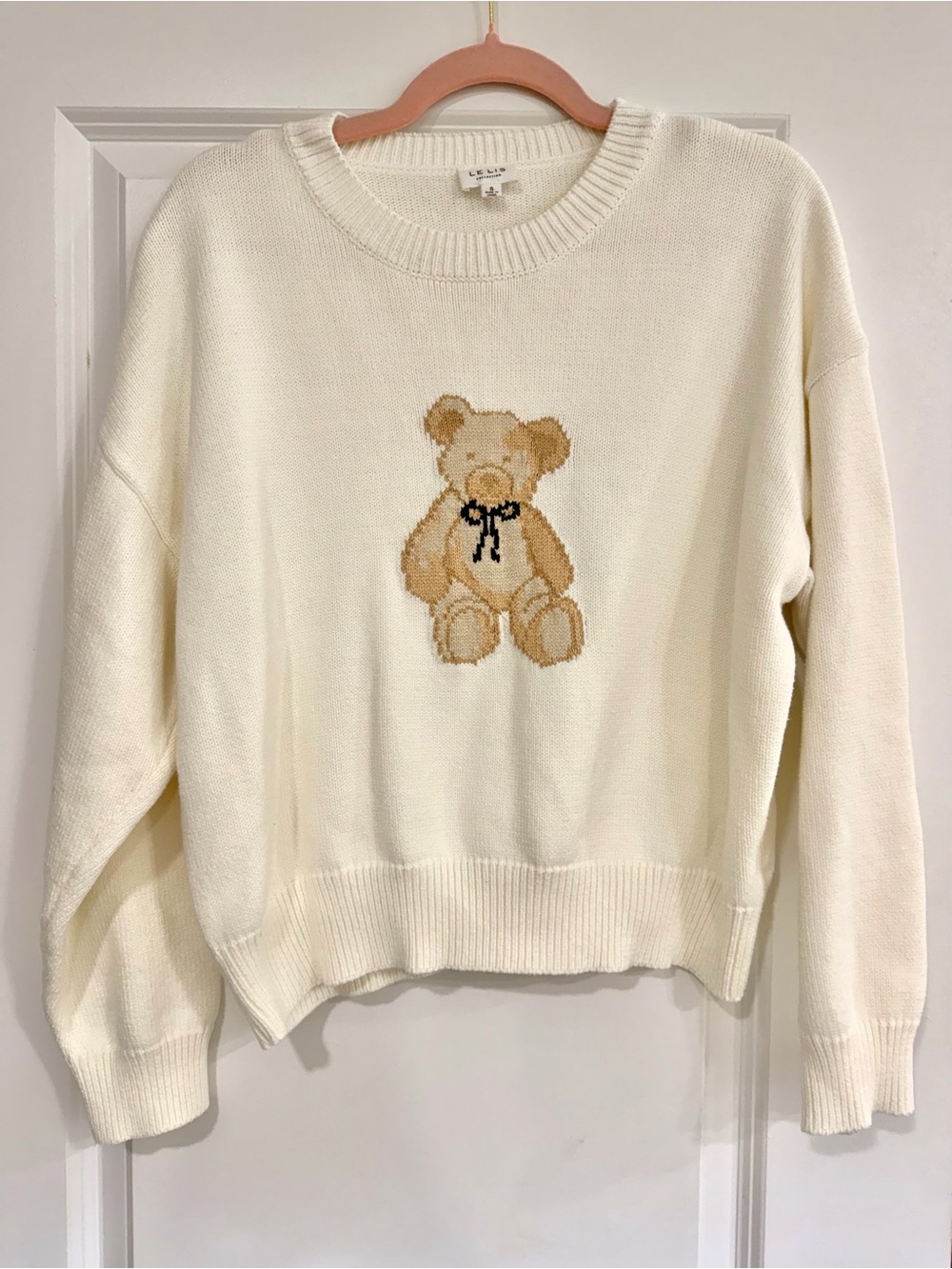 Le Lis Cream Knit Crewneck Sweater with Teddy Motif